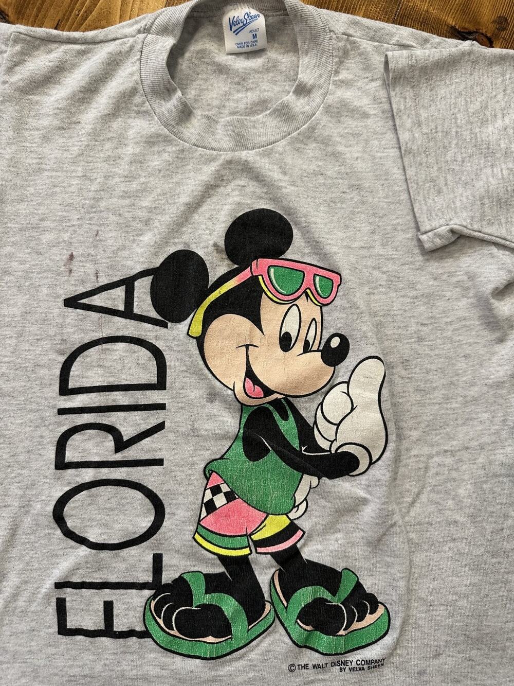 Walt Disney Mickey Mouse Florida Velva Sheen T-Shirt Medium USA Vintage Gray Vtg